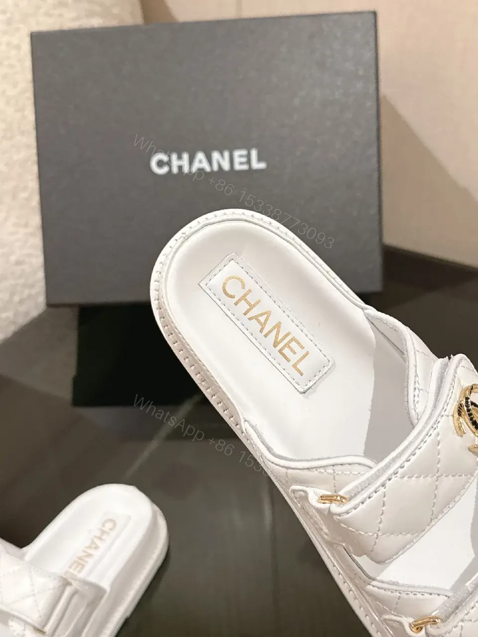 View 9 of White Leather Slides with Gold Accents - Luxe Comfort Slip-Ons