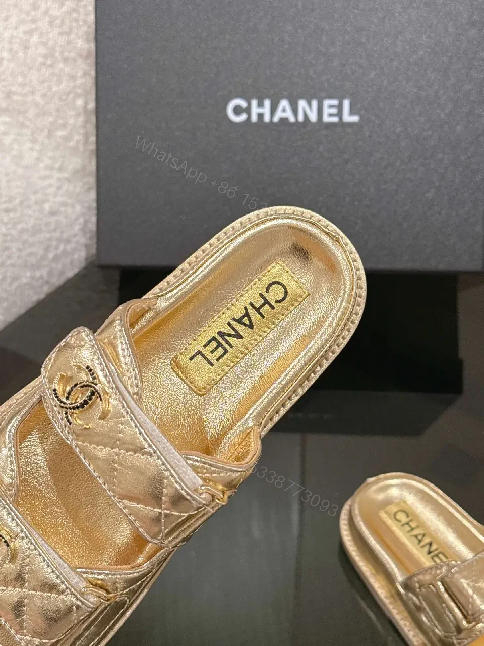 View 10 of Gold-Tone Leather Slides with Double Straps, Luxury Everyday Comfort