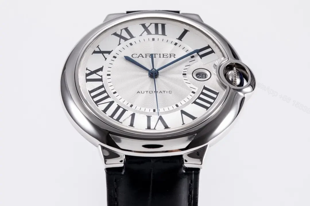 View 3 of TW Factory Cartier Ballon Bleu 42mm Automatic Watch – Silver Dial with Black Leather Strap