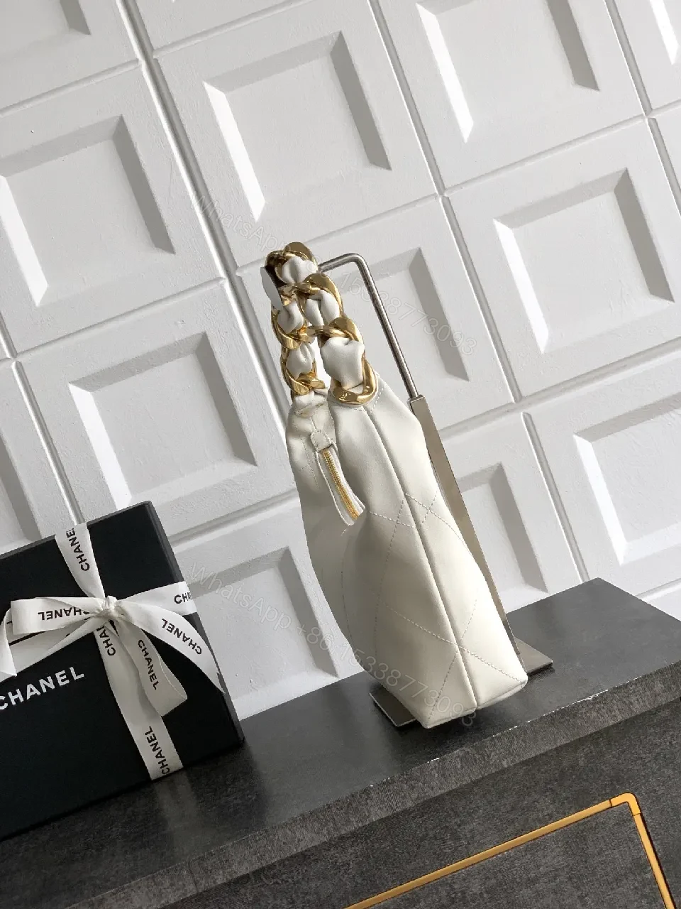 View 4 of White Quilted Leather Handbag with Gold Chain