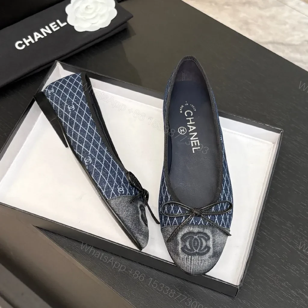 View 8 of Denim-Texture Ballet Flats with Subtle Motif, Flat Style