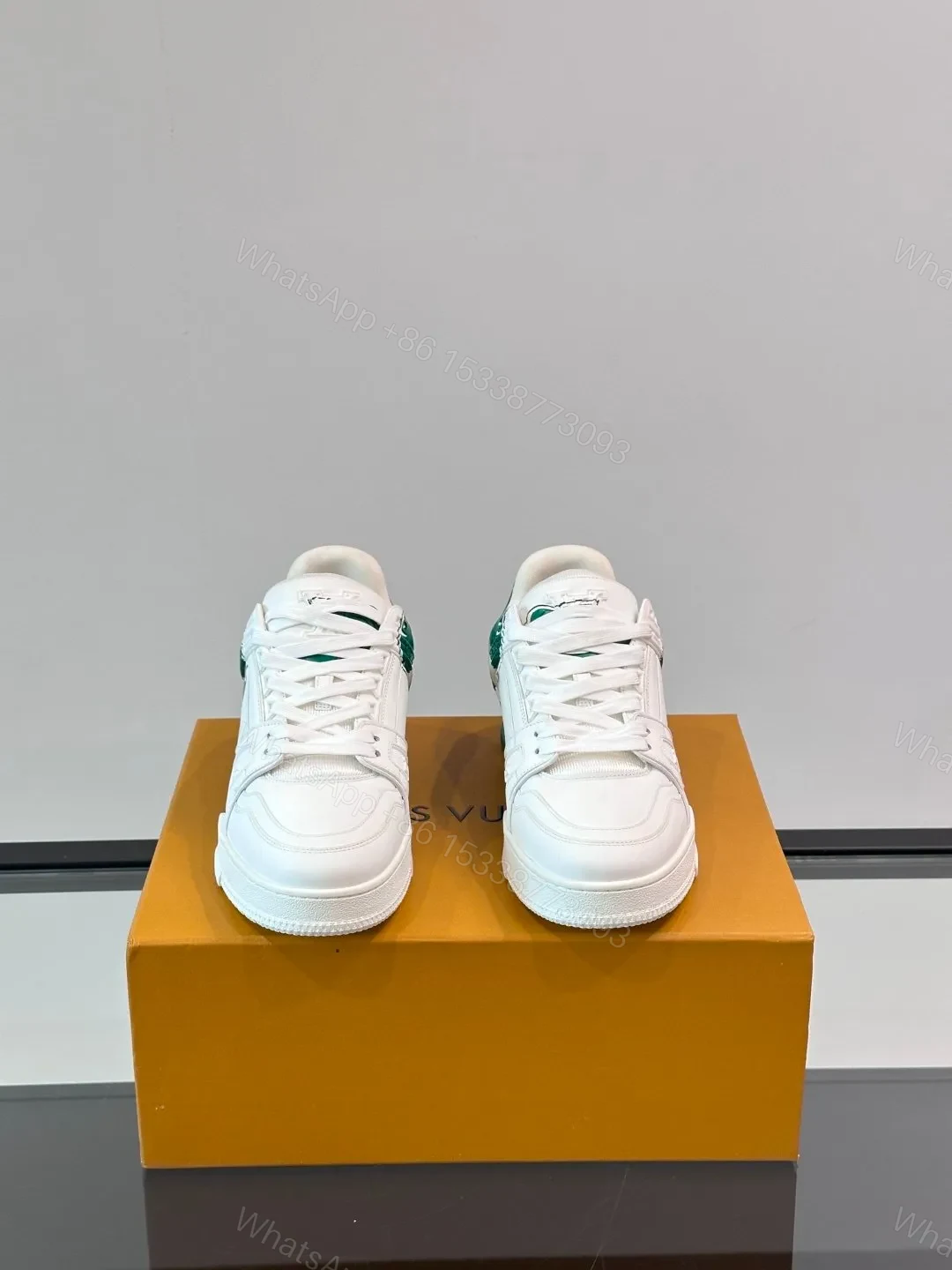 View 2 of LV Men White Leather Sneakers With Green Graphic