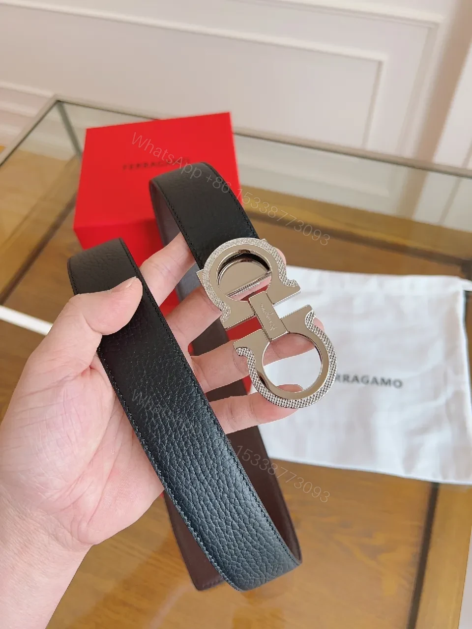 View 7 of Black Leather Contemporary Belt with Signature Hardware, Premium
