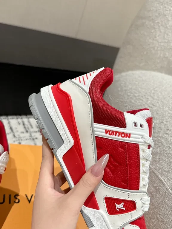 View 5 of Bold Red-White Luxe High-Top Sneaker with LV-Inspired Details