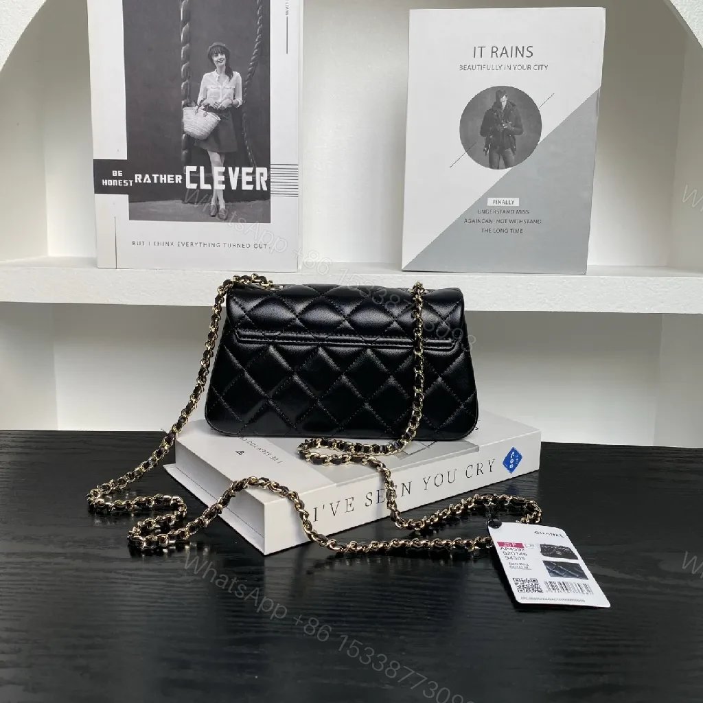 View 5 of Quilted Black Flap Bag with Gold Chain Strap, Compact, Elegant