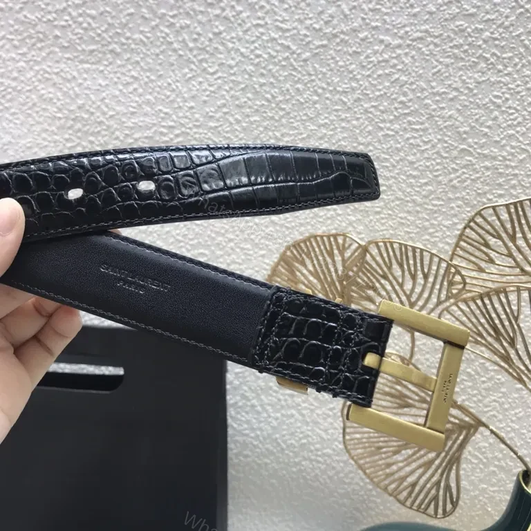 View 5 of Chic Crocodile-Textured Belt with YSL Buckle - Luxury Leather Belt