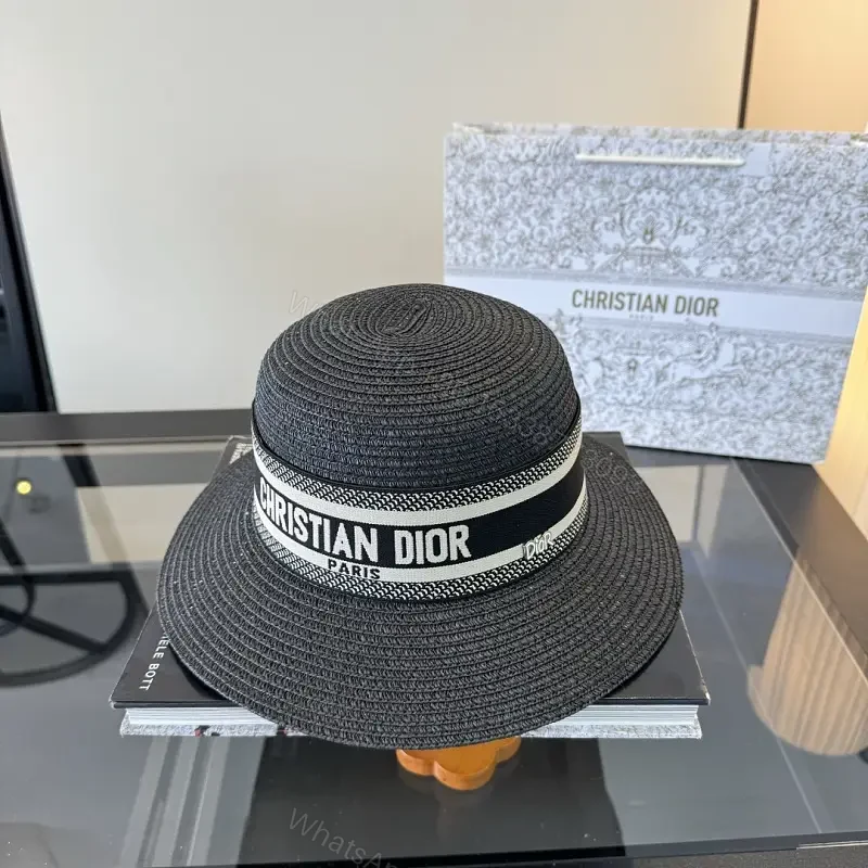 Black Woven Straw Hat with Ribbon Band, Dior-Inspired Straw Hat — view 1