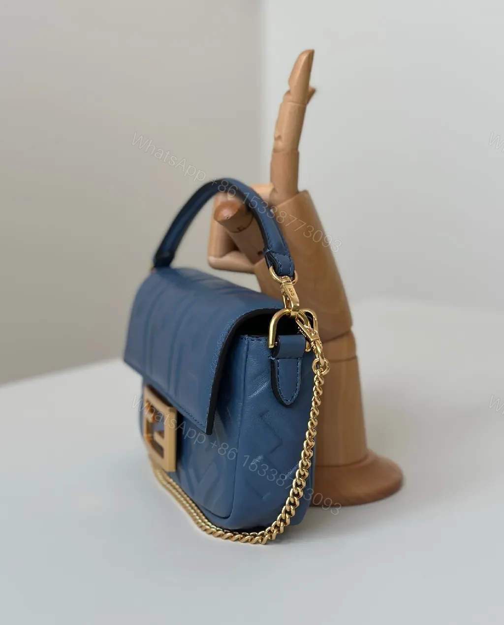 View 5 of Blue Leather Crossbody with Monogram Texture, Luxury Style