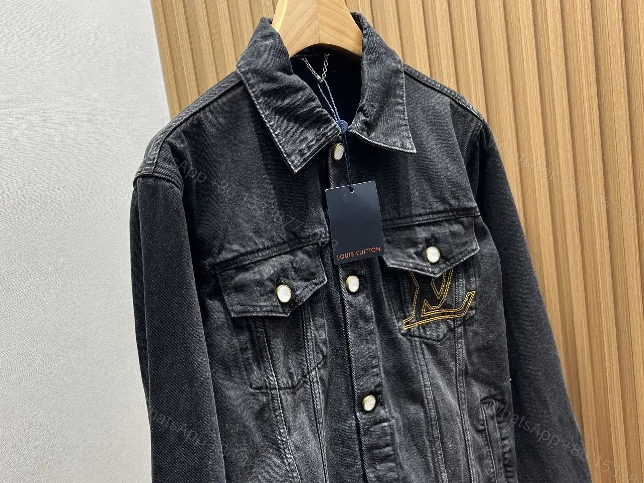 View 9 of Oversized Black Denim Jacket with Gold Monogram Embroidery