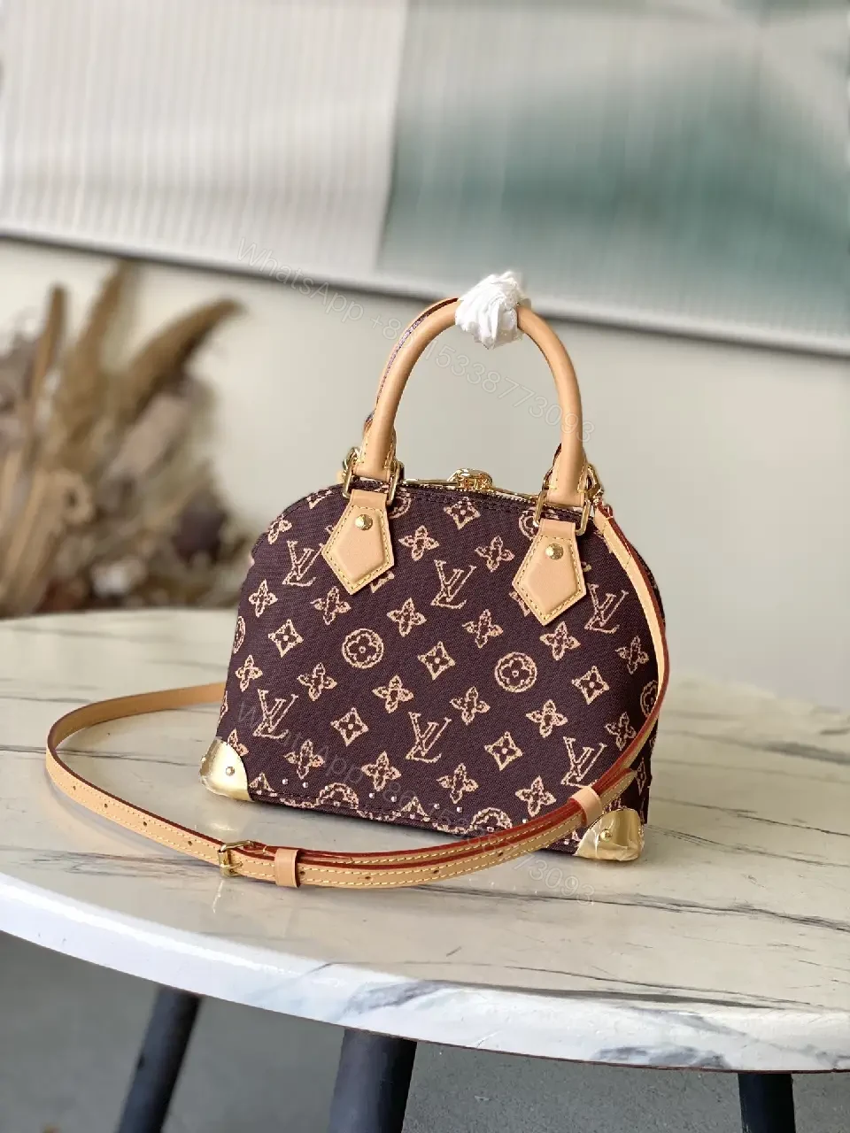 View 3 of Monogram Satchel: Gold-Accented Leather-Trim Dome Bag