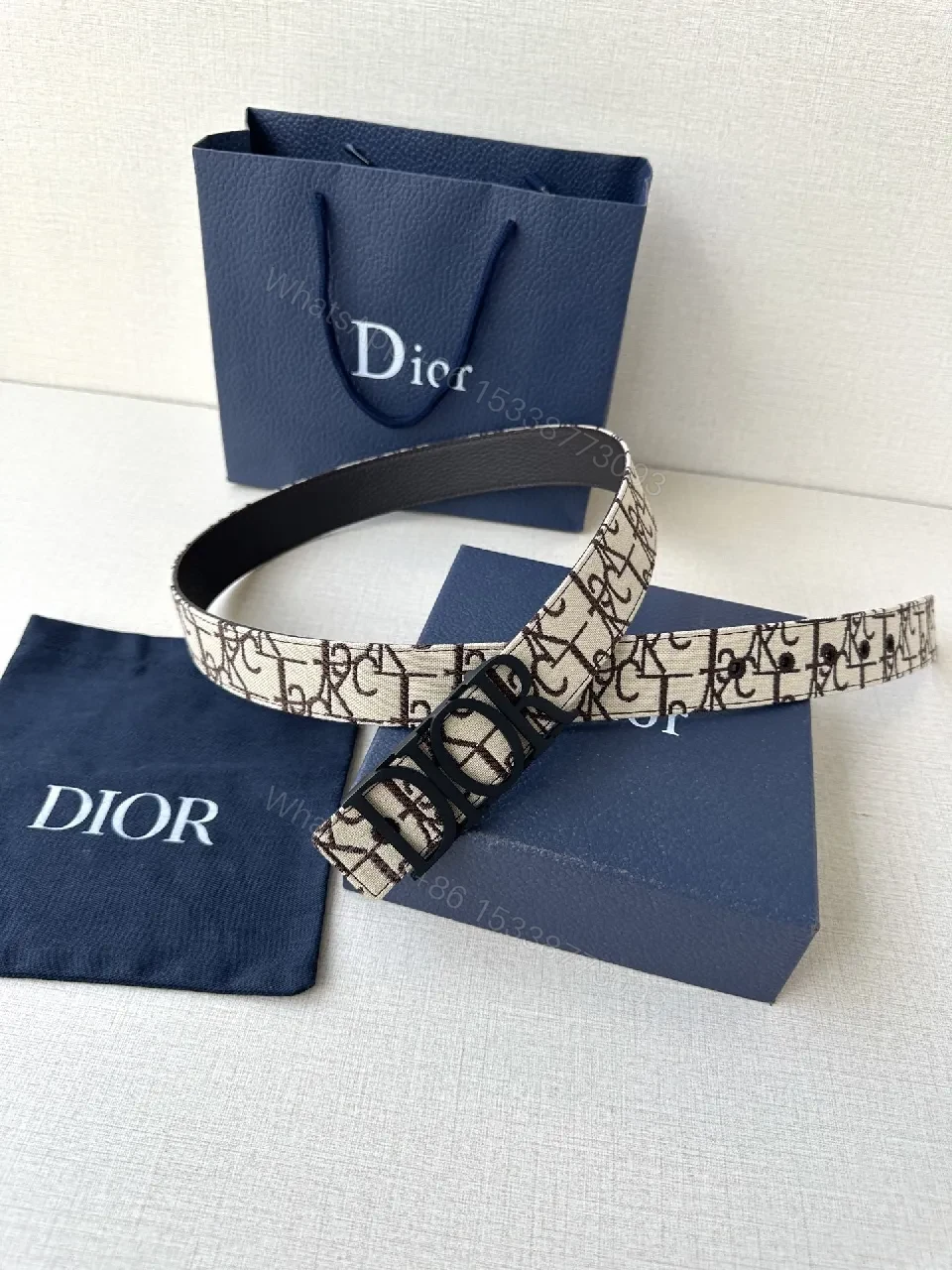 View 4 of Beige Monogram Belt with Luxe Signature Print