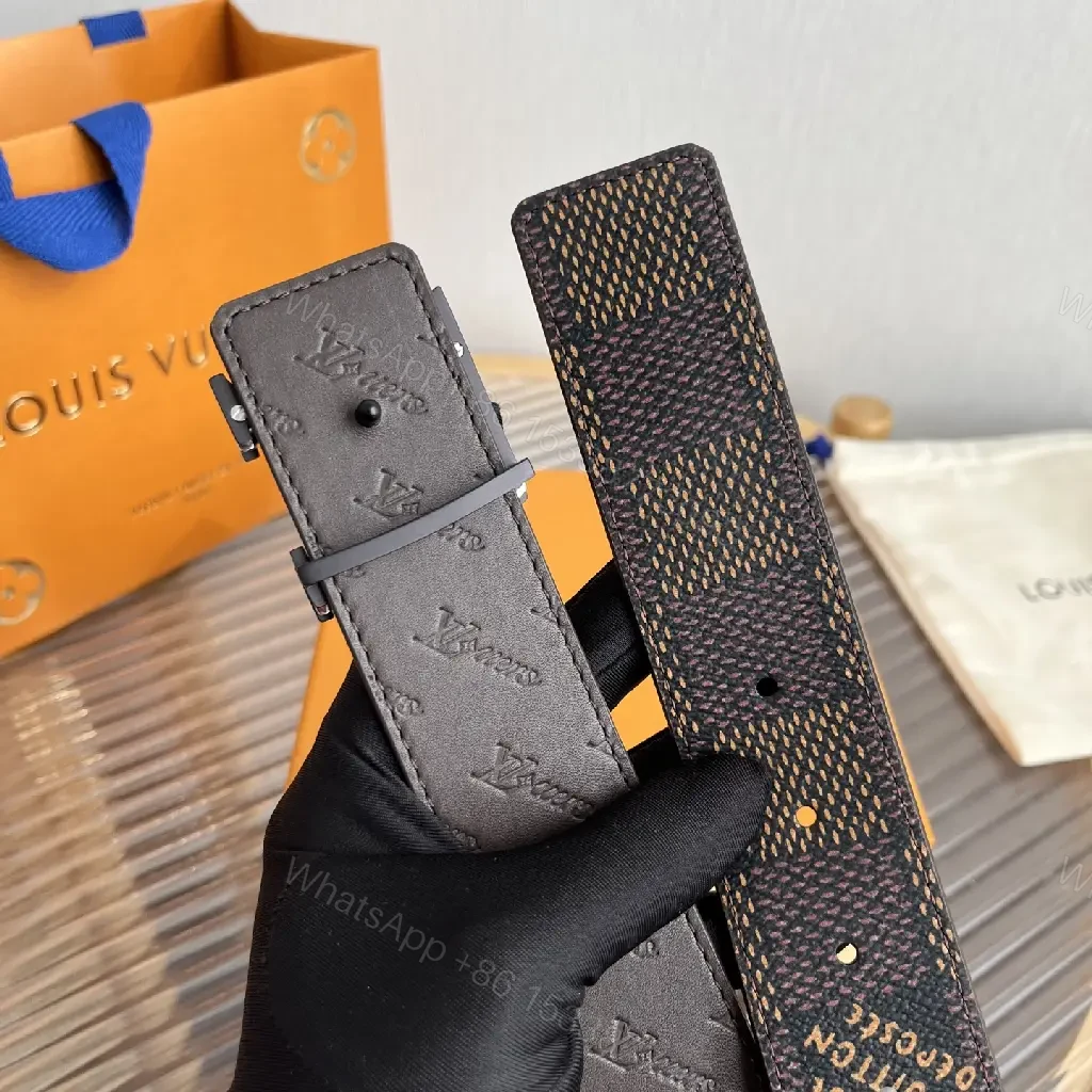 View 3 of Dark Gray Speckled Belt with LV Monogram Buckle Belt