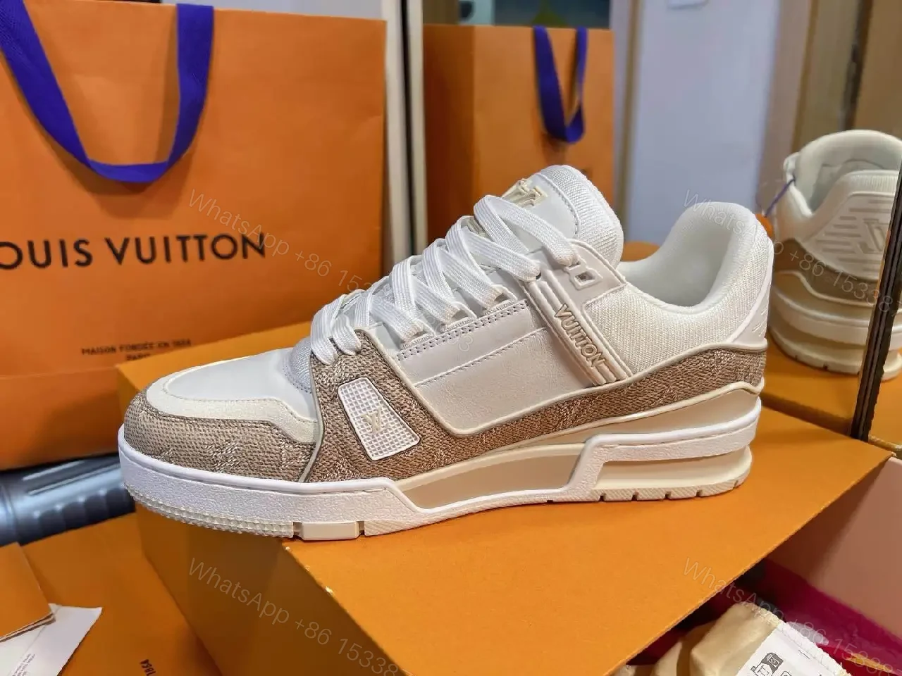 View 4 of Premium White & Sand Textured High-Top Sneakers