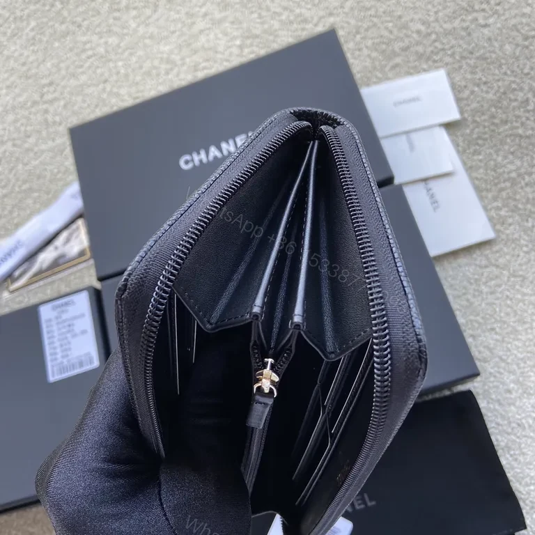 View 4 of Chanel-Inspired Quilted Leather Wallet with Gold Logo