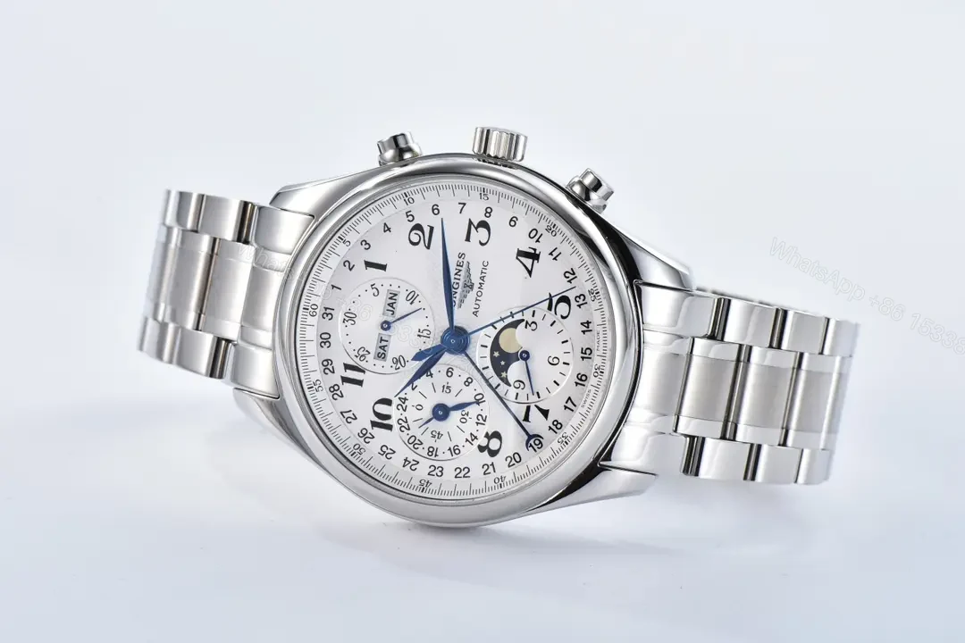 View 5 of Longines Master Collection Moonphase Chronograph Watch Silver Dial Stainless Steel Bracelet Classic Elegant Style