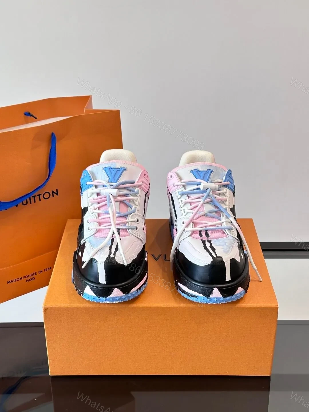 View 2 of LV Men Blue Pink Black Leather Sneakers