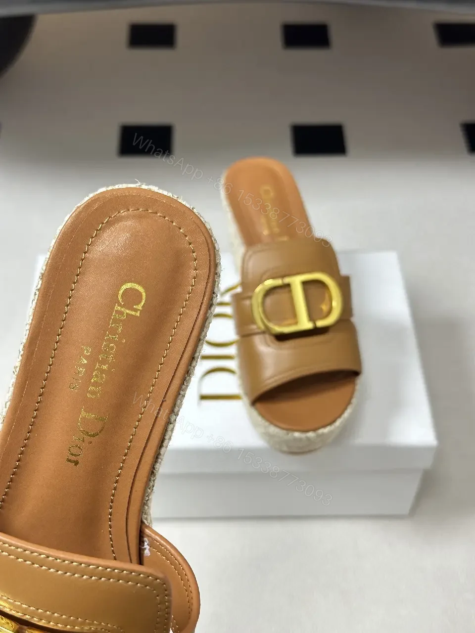 View 7 of Beige Leather Espadrille Wedge Sandals with Gold Buckle, Christian Dior Style
