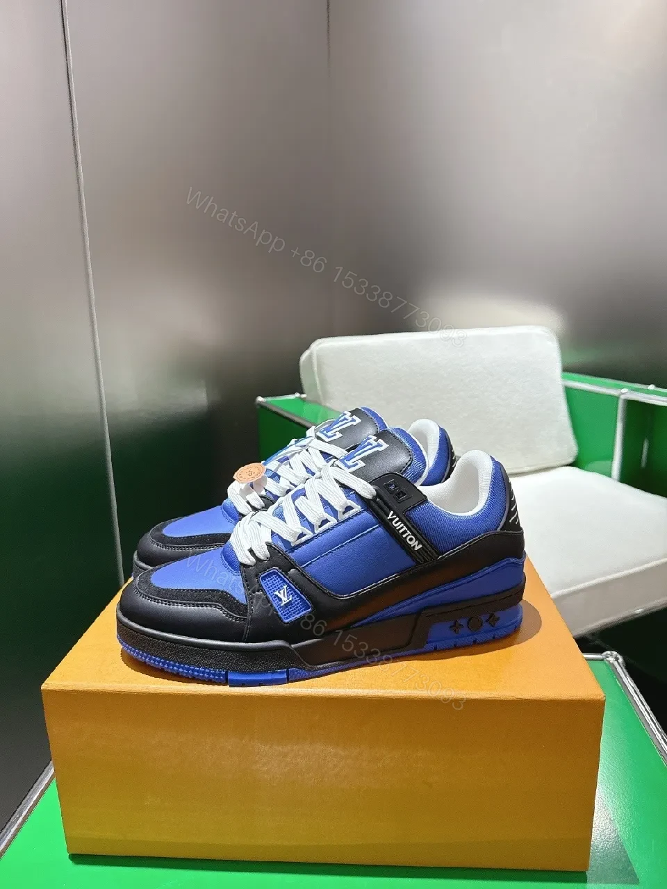 View 3 of Blue & Black High-Top Luxury Sneakers with Monogram Details