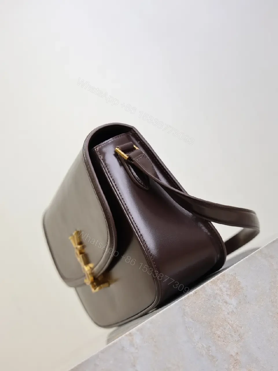 View 5 of Chic Leather Crossbody with Gold-Tone Hardware, Compact Carry