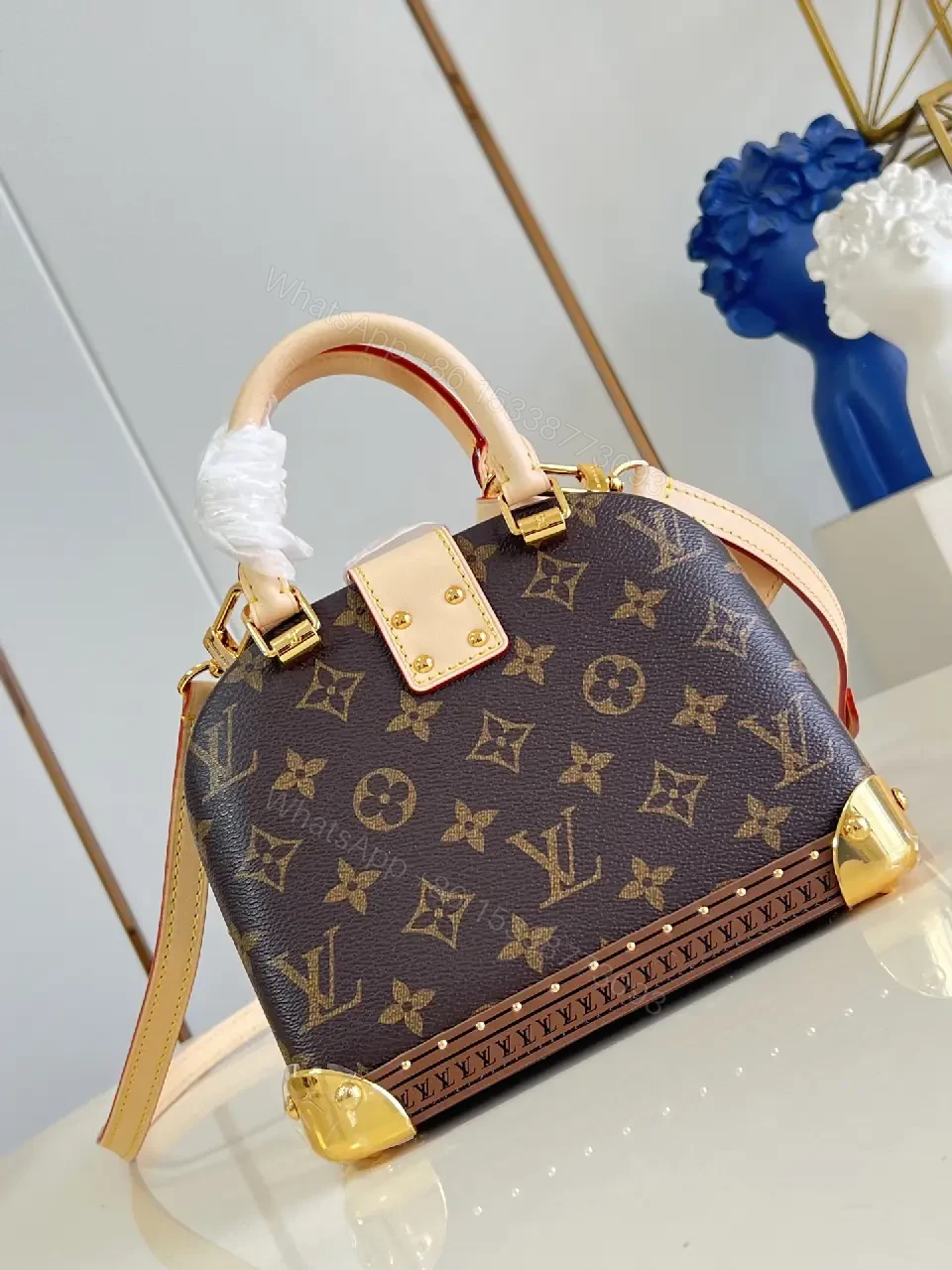 View 4 of Dark Brown Canvas Satchel: Leather Trim, Gold Hardware, LV Monogram