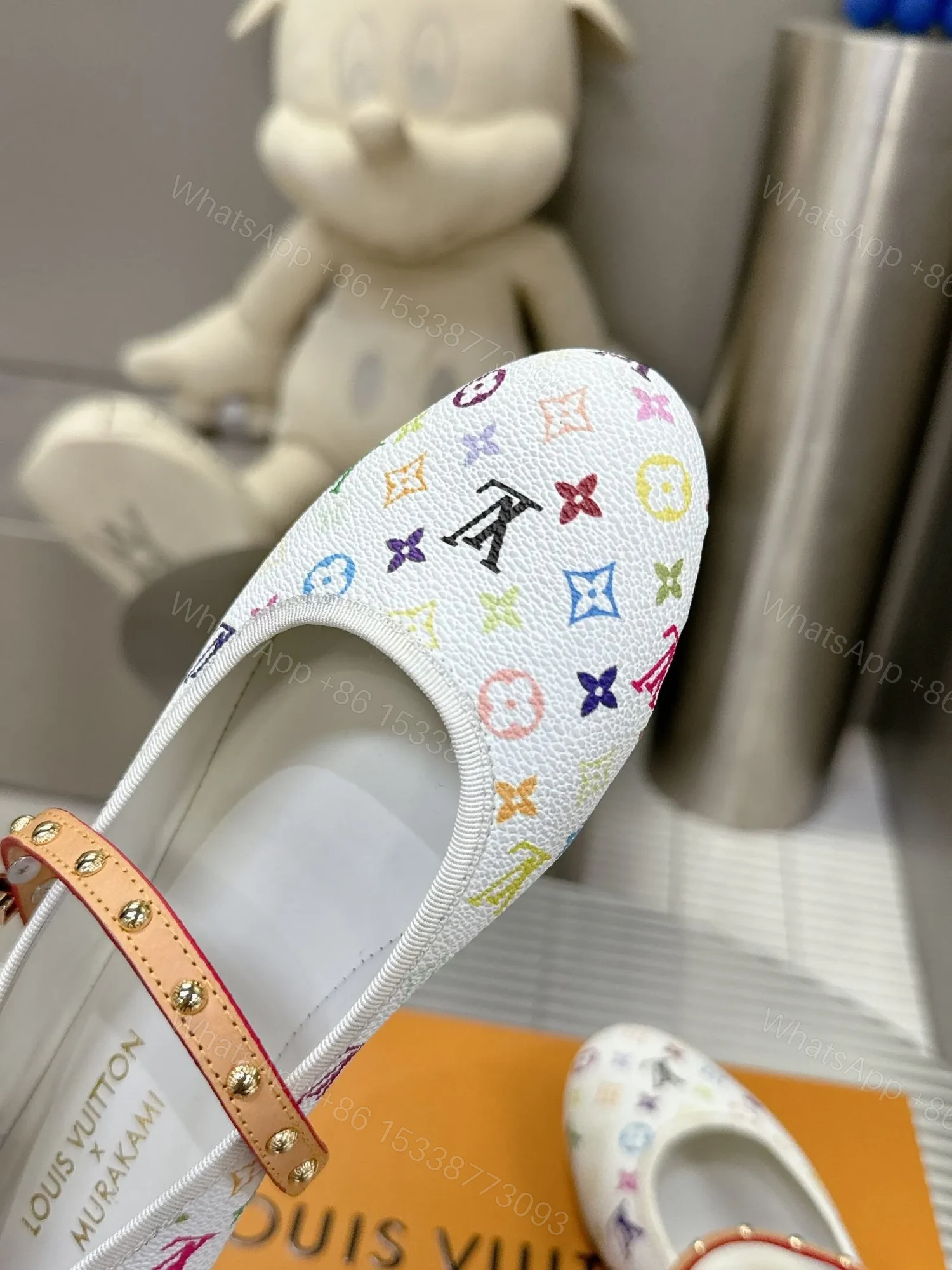 View 2 of LV Women White Canvas Multicolor Print Leather Strap Flats