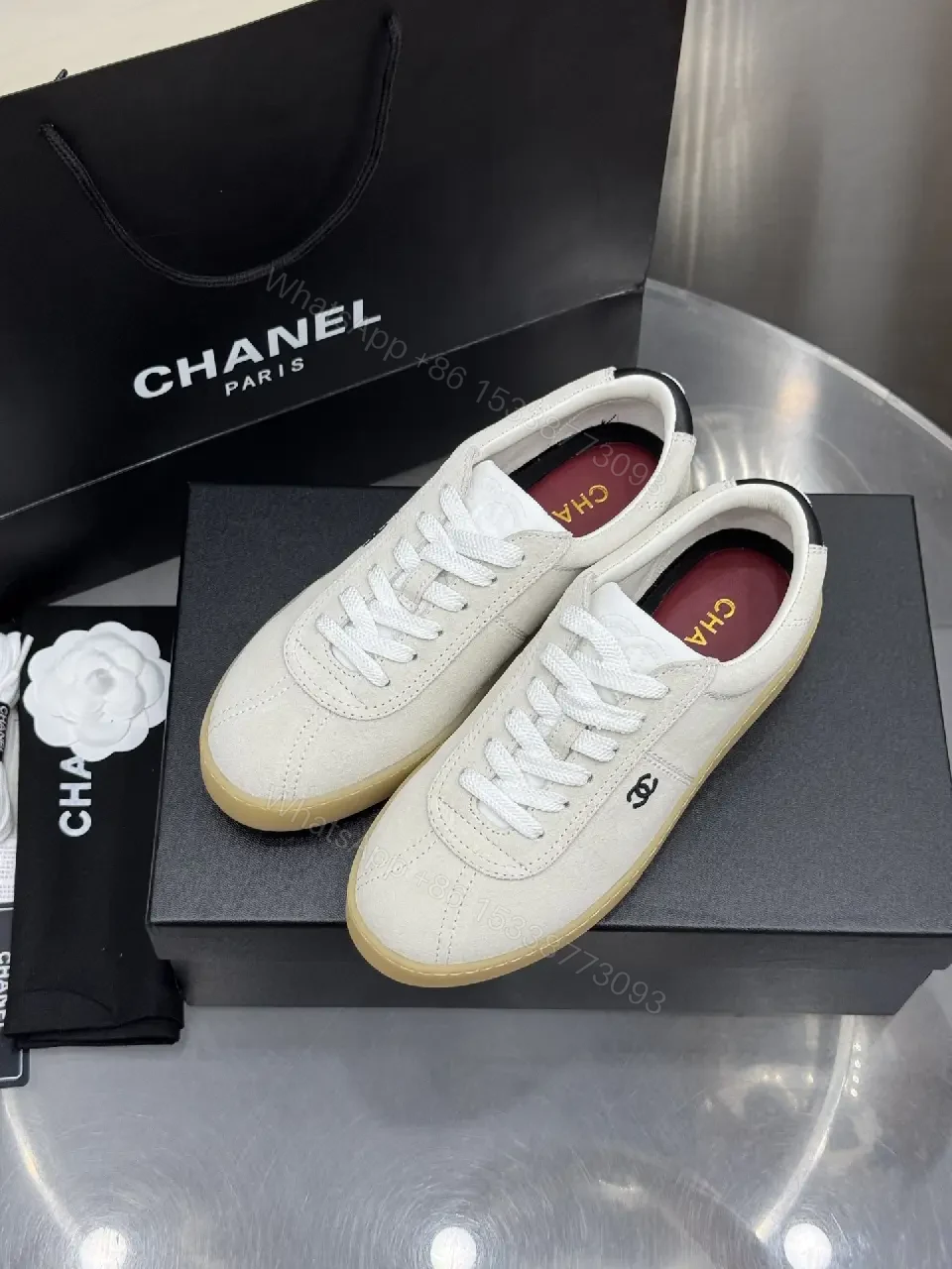 View 10 of Beige Leather Style Sneakers with Gum Sole