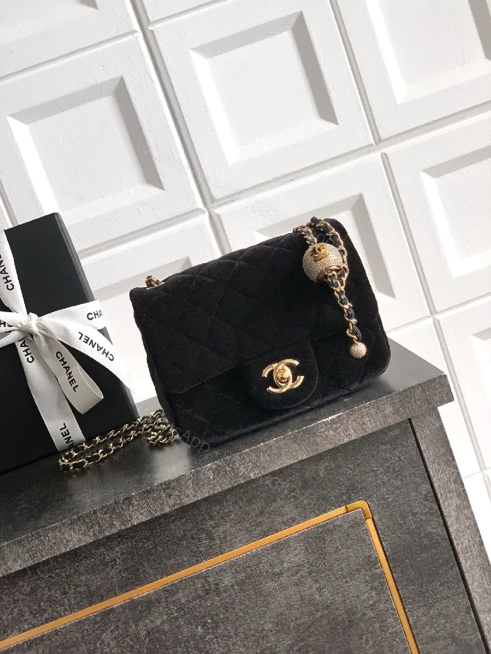 Velvet Quilted Crossbody Bag with Gold Chain — view 1