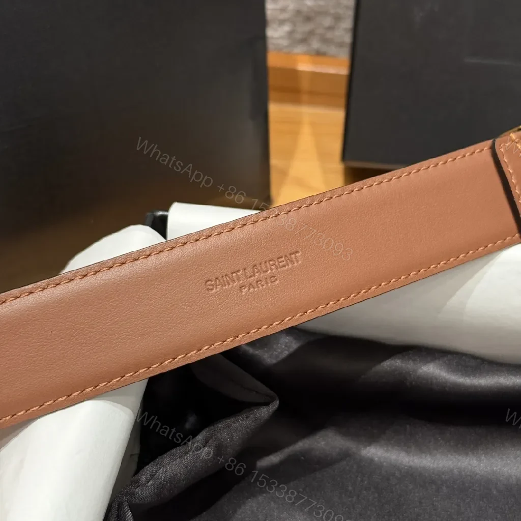 View 9 of Brown Leather Belt with Gold Logo Buckle—Versatile Luxury Accessory