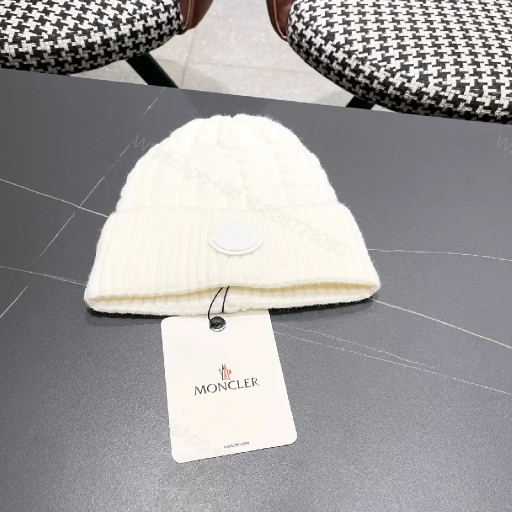 White Knit Beanie: Premium Ribbed Cuff, Luxury Badge, Warmth — view 1