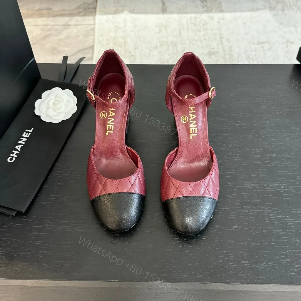 Two-Tone Burgundy Quilted Mary Jane Heels with Black Cap Toe — view 1