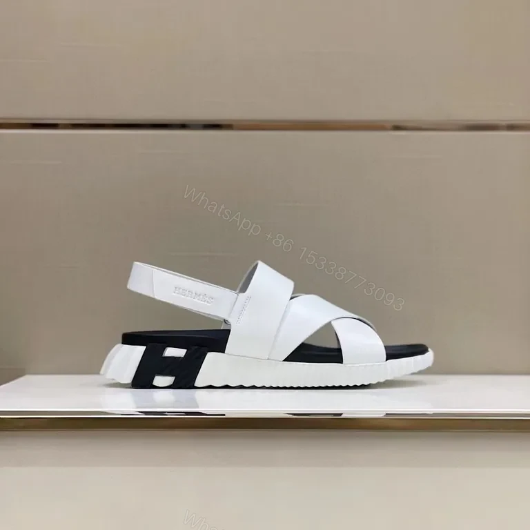 View 8 of White Leather Cross-Strap Platform Sandals - Hermes-Influenced Luxury