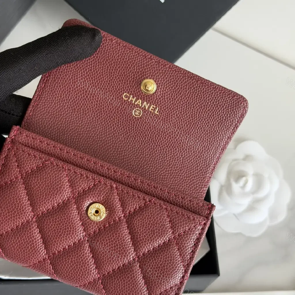 View 3 of Burgundy Quilted Leather Wallet — Gold Logo, Compact Bifold
