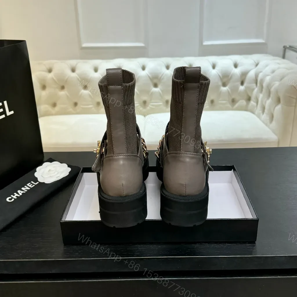 View 5 of Taupe Knit Sock-Ankle Boots with Leather Accents and Gold Chain