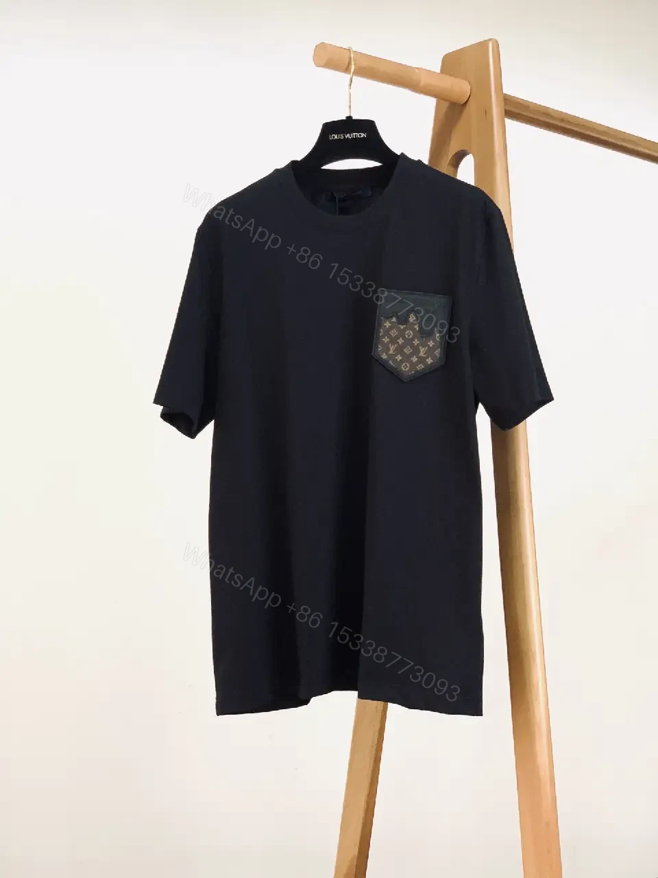 View 6 of Beige Cotton Tee with LV Monogram Pocket, Crew Neck