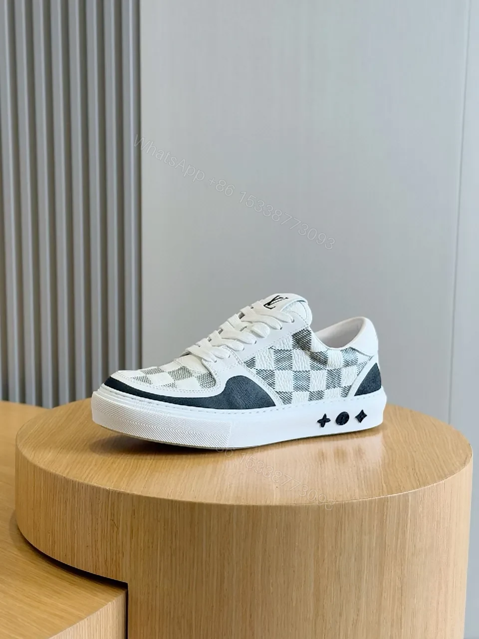View 9 of White & Grey Checkerboard Leather Sneaker, LV Detail, Low-Top