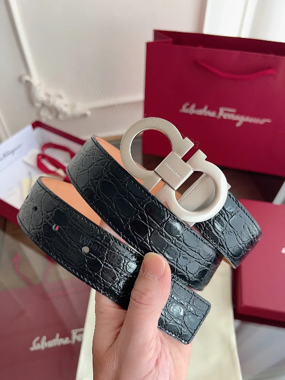View 7 of Nude Leather Croc-Texture Belt with Matte Hardware