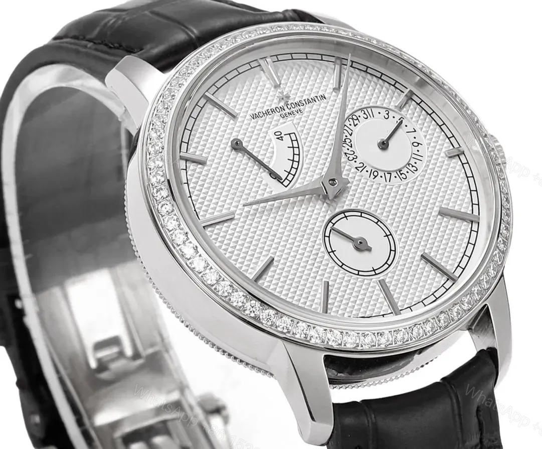 View 6 of 8F Factory Vacheron Constantin Traditionnelle Mechanical Watch 83520/000R-9909 – Silver Dial, Black Leather Strap, 40mm Case, Automatic Movement with Power Reserve, Day, Date, and Small Seconds Display