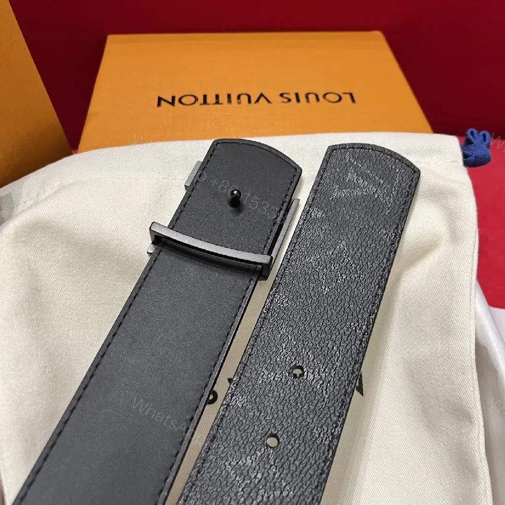View 9 of Black Leather Belt with Bold Gunmetal LV Buckle Set