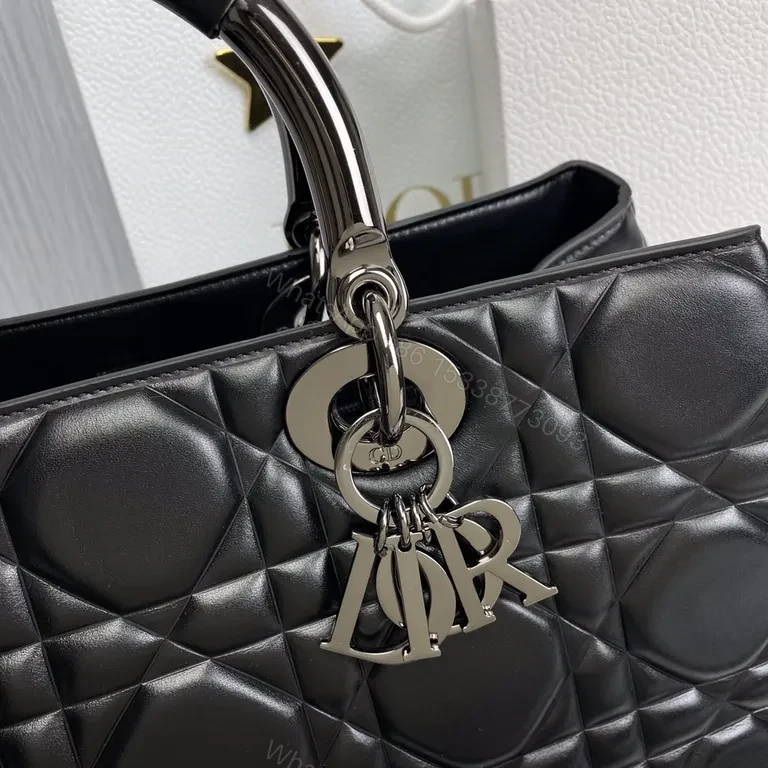 View 8 of Black Leather Faux Dior Handbag: Diamond Quilted, Silver Hardware, D&R Charm, Top Handles/Shoulder Strap