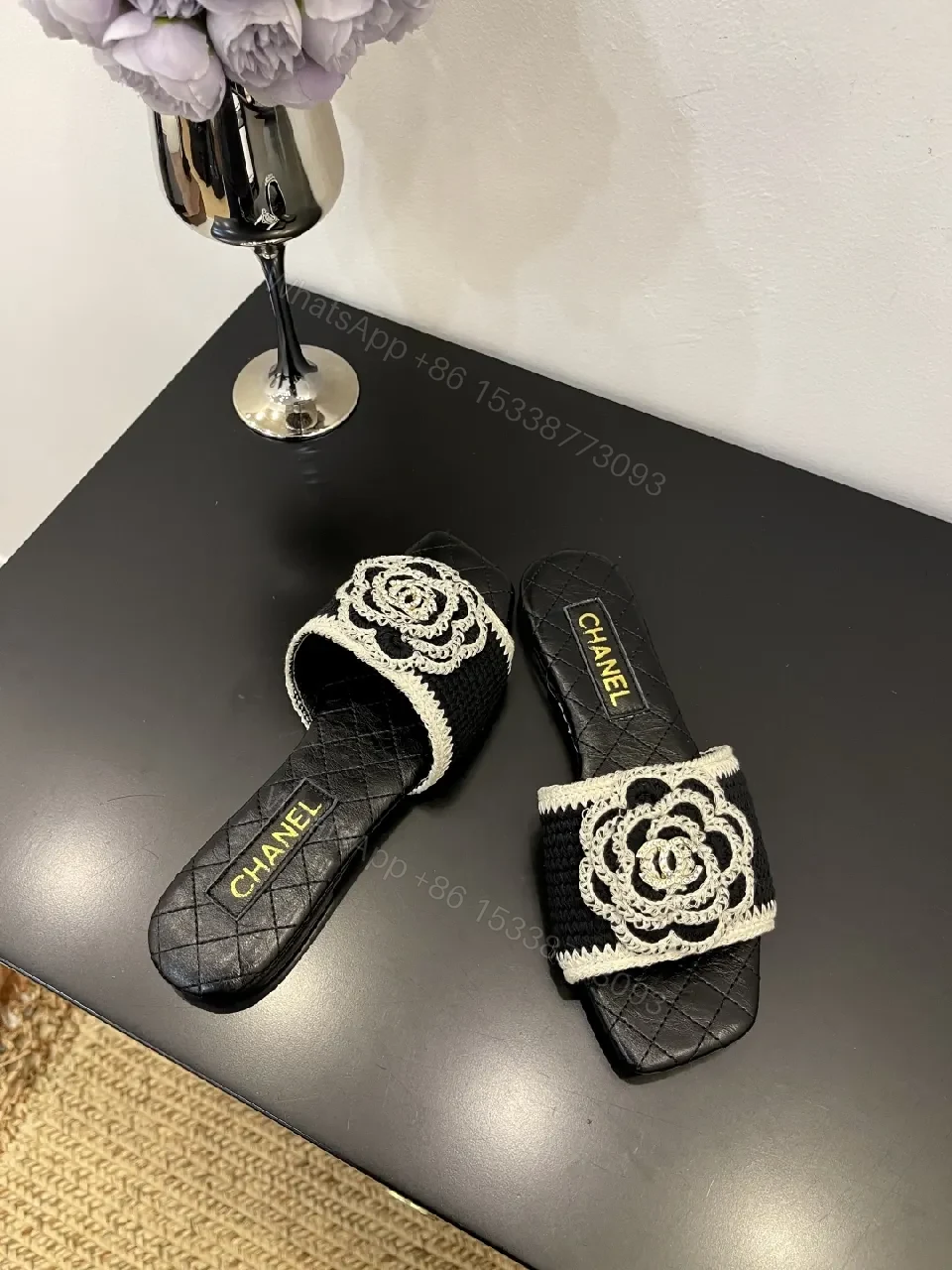 View 8 of Black Quilted Slide with Crochet Camellia Detail - Open-Toe Comfort