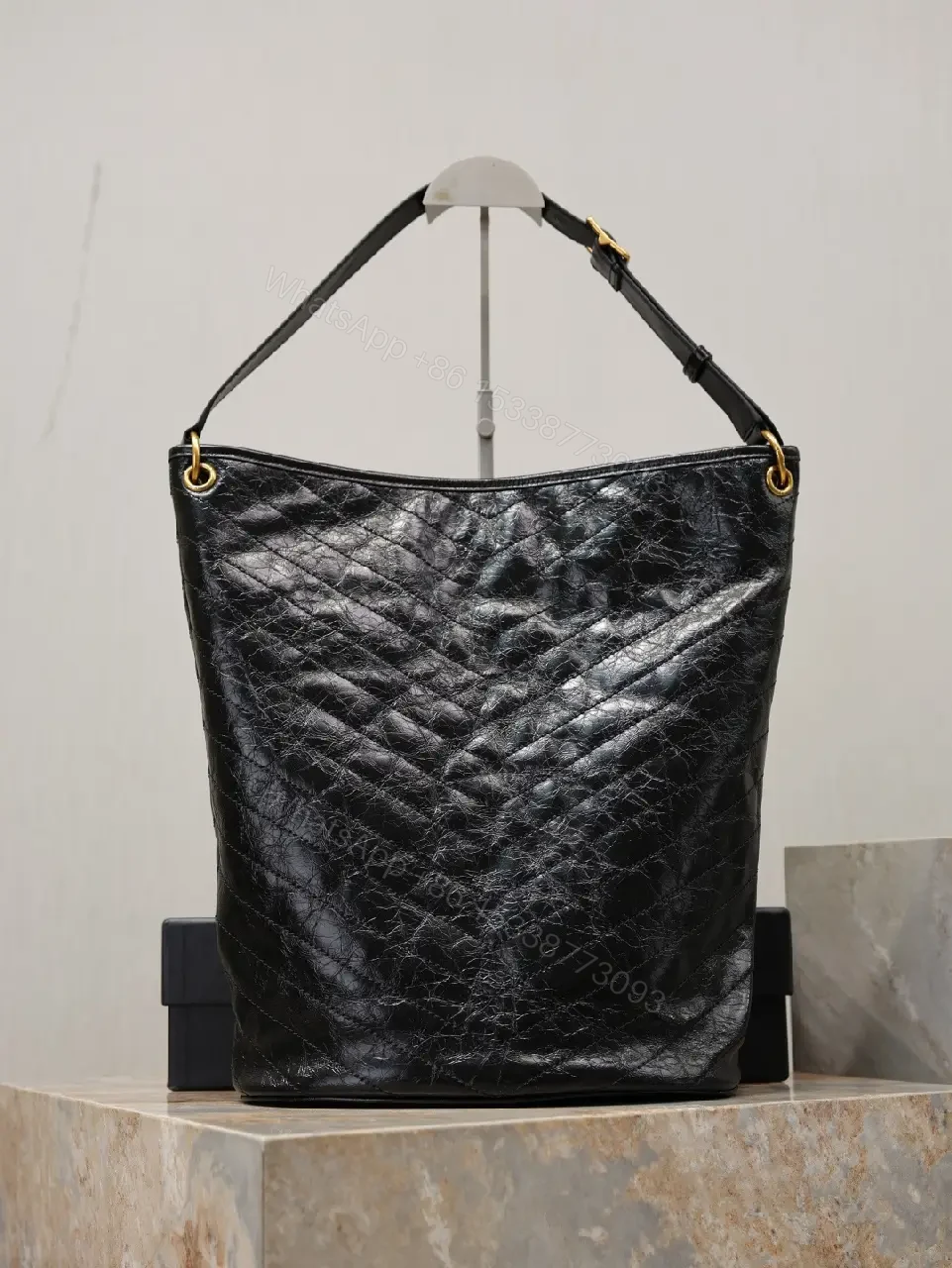 View 4 of Quilted Black Tote with Gold Logo—Luxury Everyday Carry
