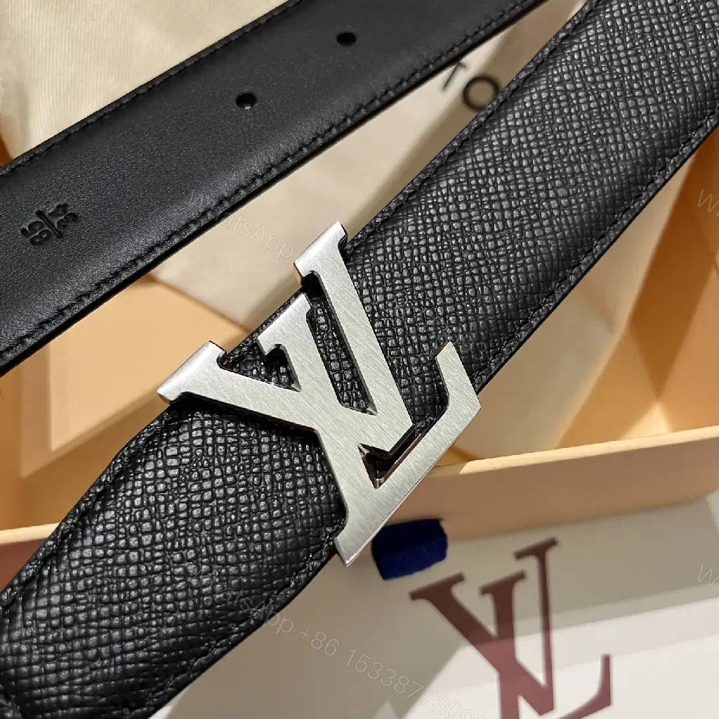 View 2 of Black Leather Belt with LV Buckle - Textured Full-Grain Formal Style