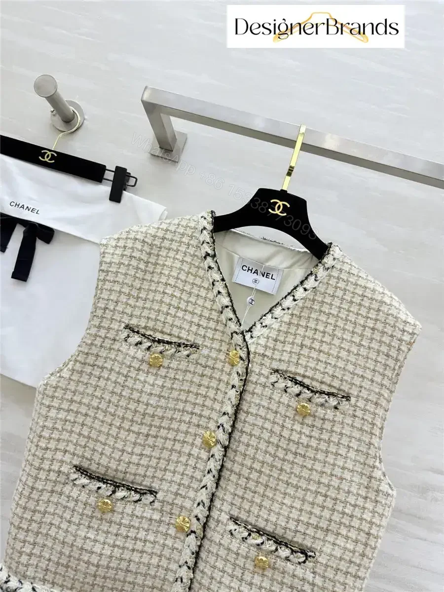 View 3 of Textured Tweed Vest with Gold Button Detailing—Chic Layering Piece