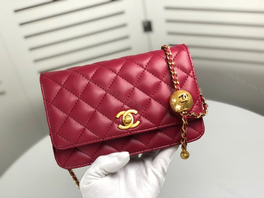 View 7 of WALLET ON CHAIN Grained Shiny Calfskin & Gold-Tone Metal Dark Burgundy