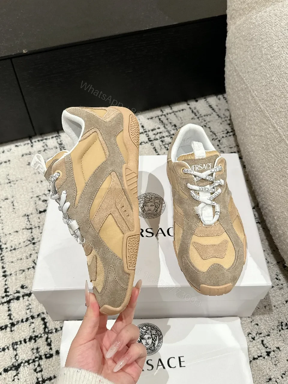 View 2 of Beige Suede-Mesh Low-Top Luxury Sneakers with Sculpted Details