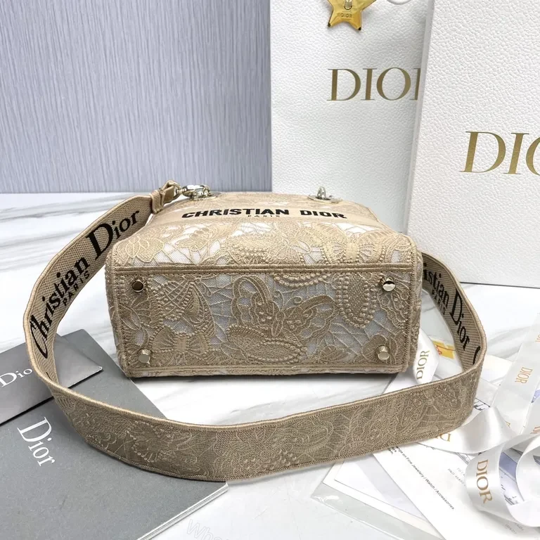 View 4 of Beige Lace-Textured Mini Bag with Monogram, Luxury Chic