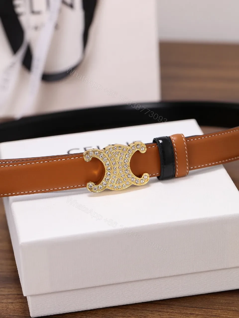 View 2 of Black Leather Belt with Gold Crystal Clasp Belt