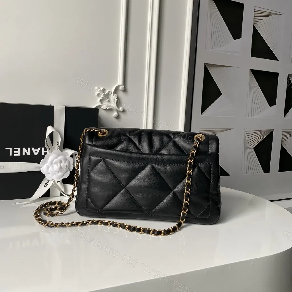 View 8 of Compact Quilted Black Chain Bag - Gold Hardware