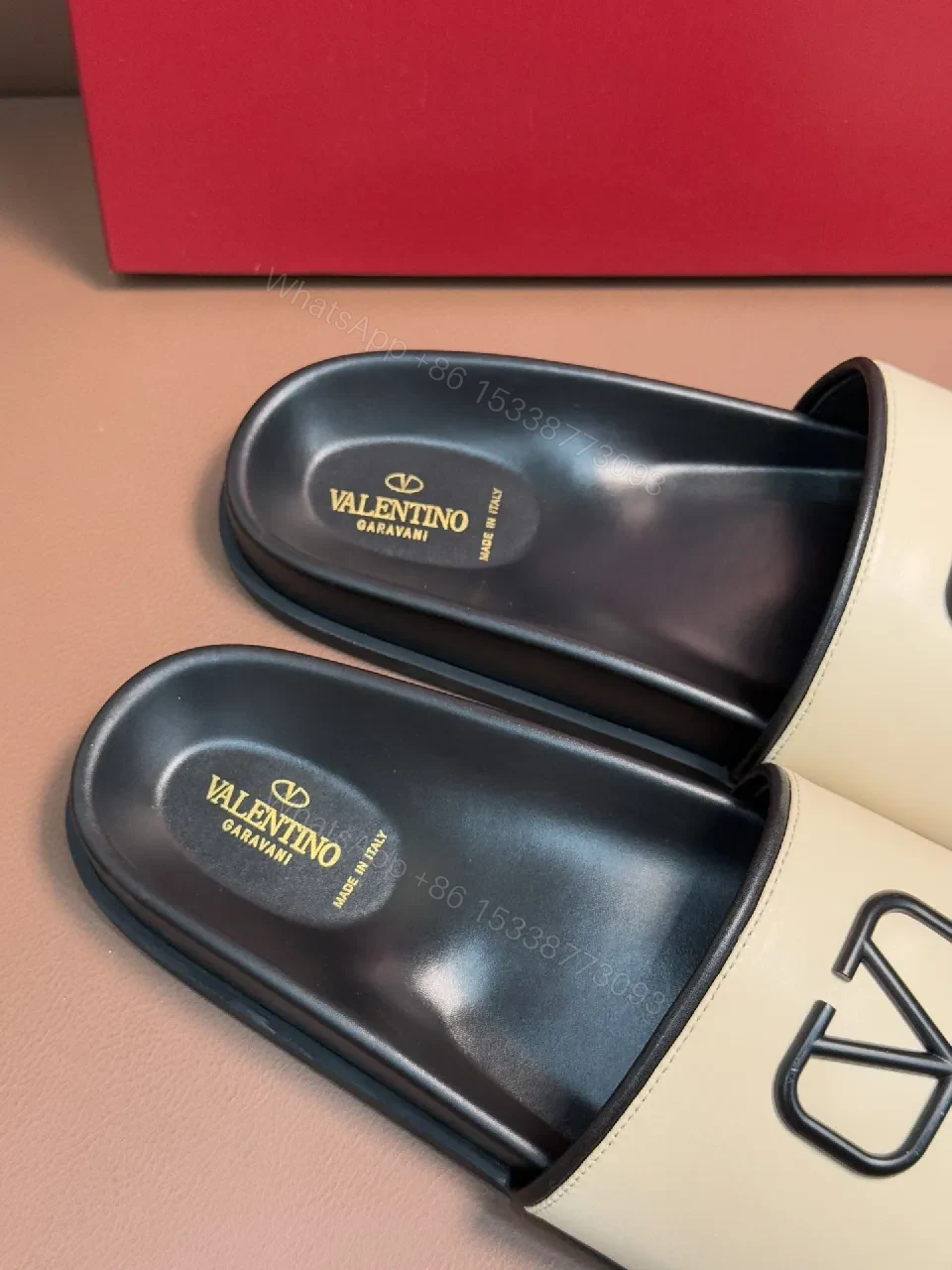 View 2 of Beige PU Slide Sandals with Logo Hardware and Arch Support