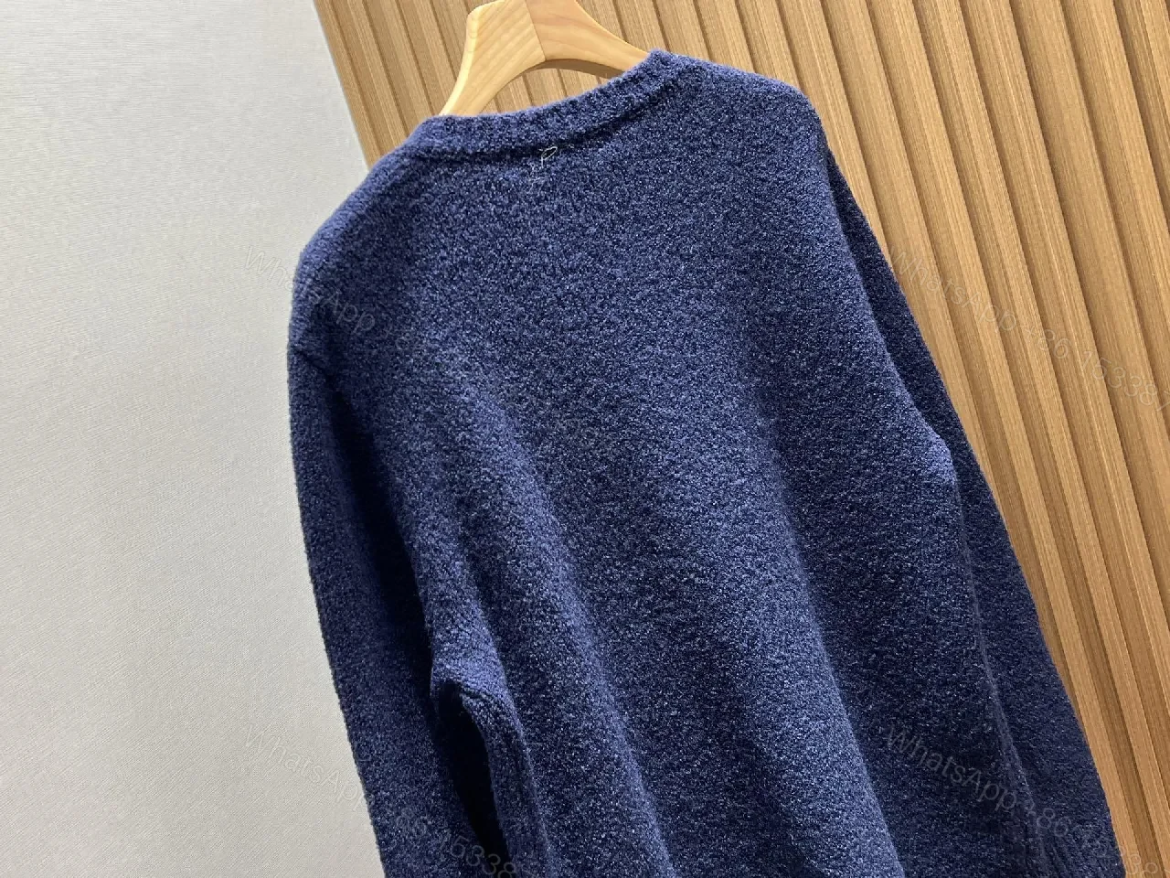 View 6 of Textured Knit Cardigan Navy Bouclé Monogram Accent Luxury Knitwear